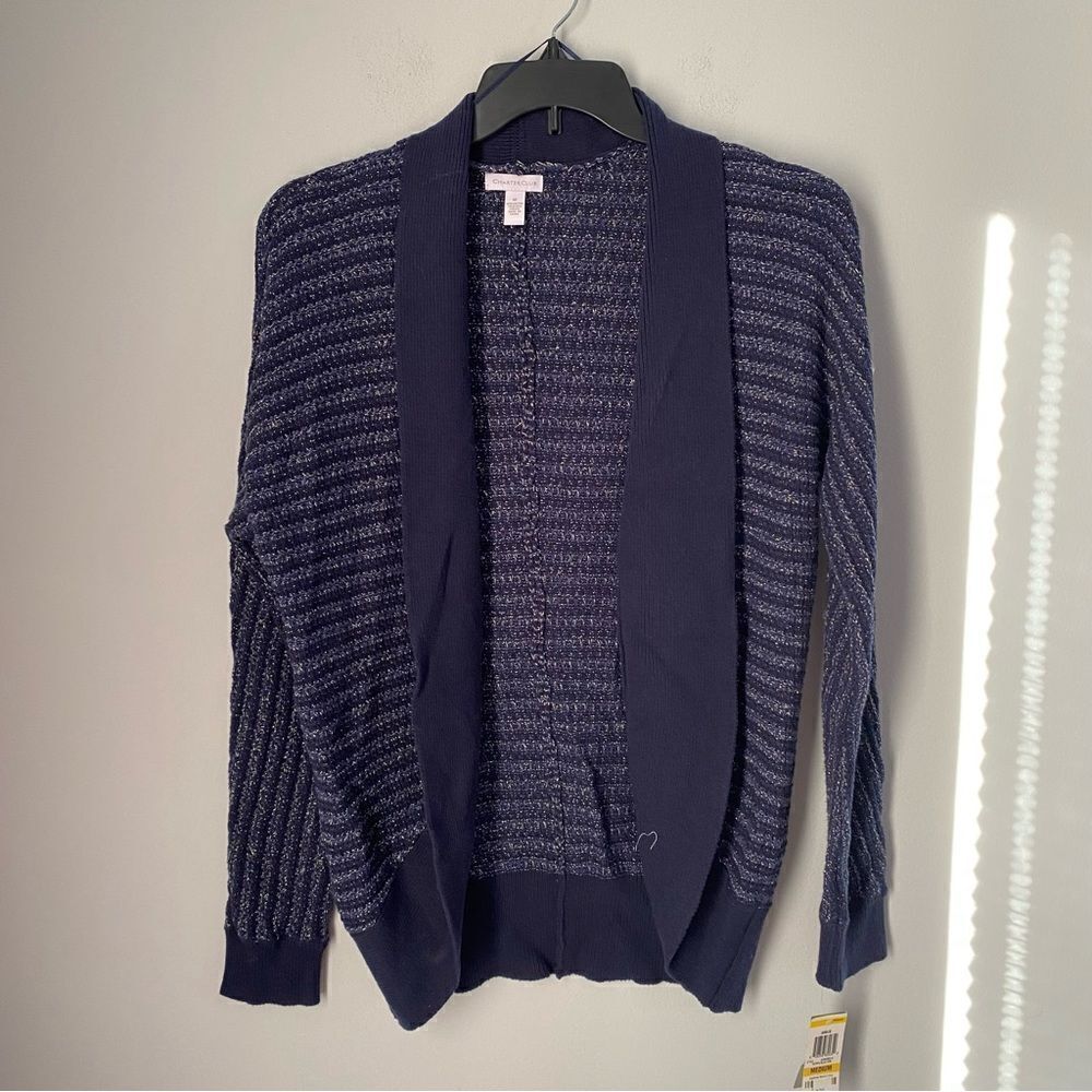 Charter Club Women’s Open Front Striped Sparkly Blue Thick Knot Sweater size M